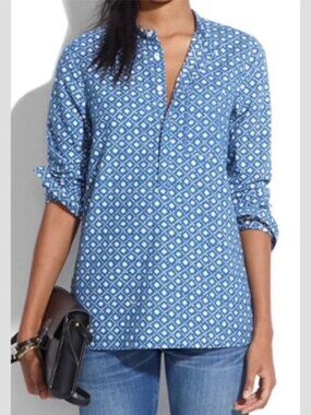 MADEWELL Chambray Floral Stamp Popover Shirt Band Collar XS